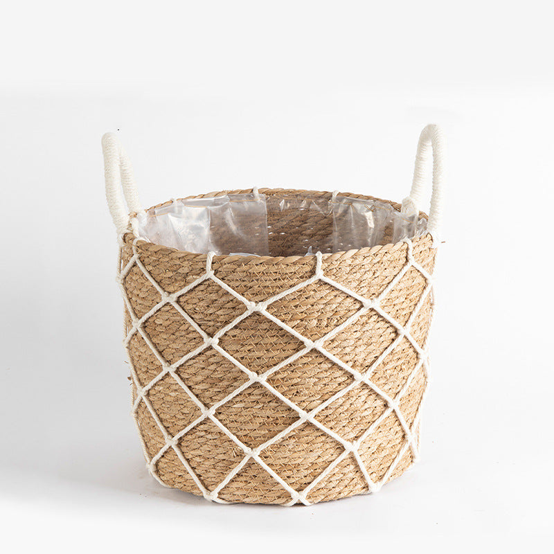 Floor-standing Flower Basket with Woven Straw Design - Garden & Home Decor