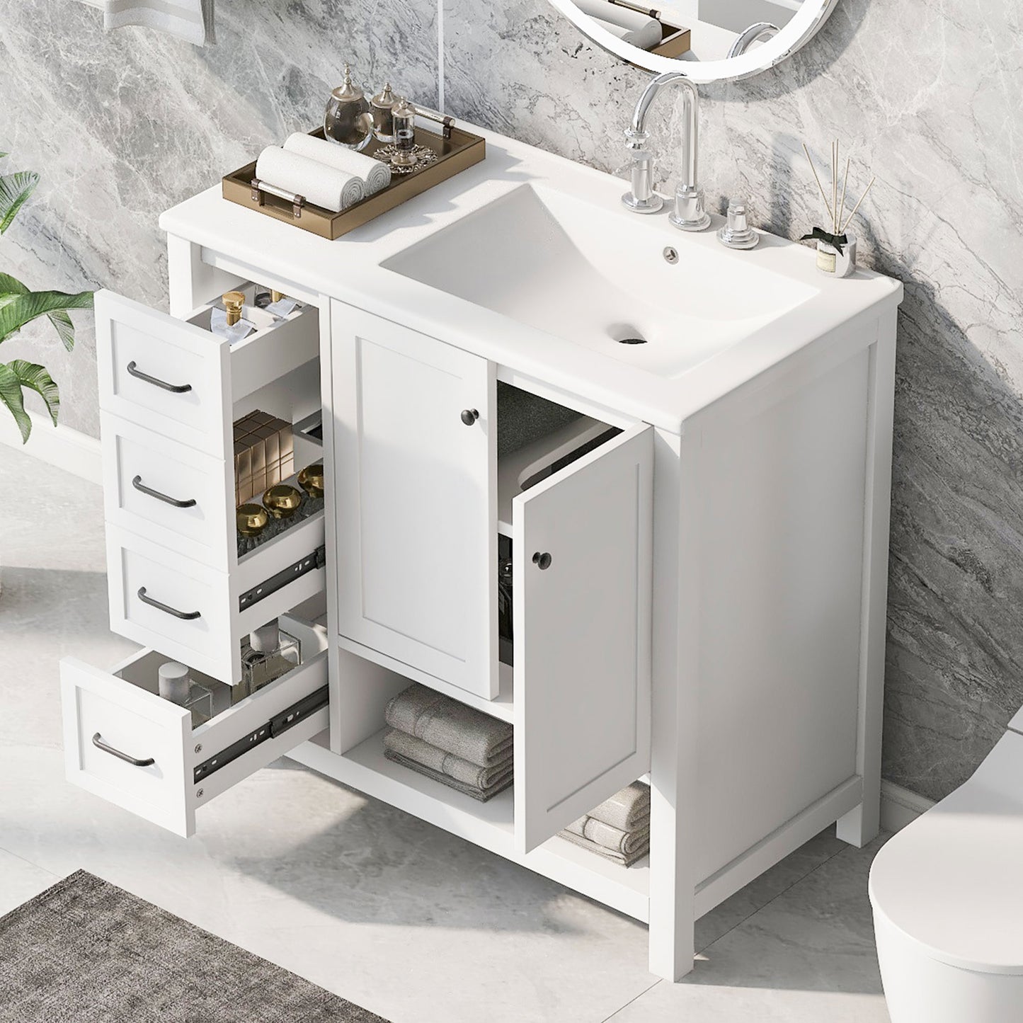 36" Bathroom Vanity with Sink Top - Solid Wood, White