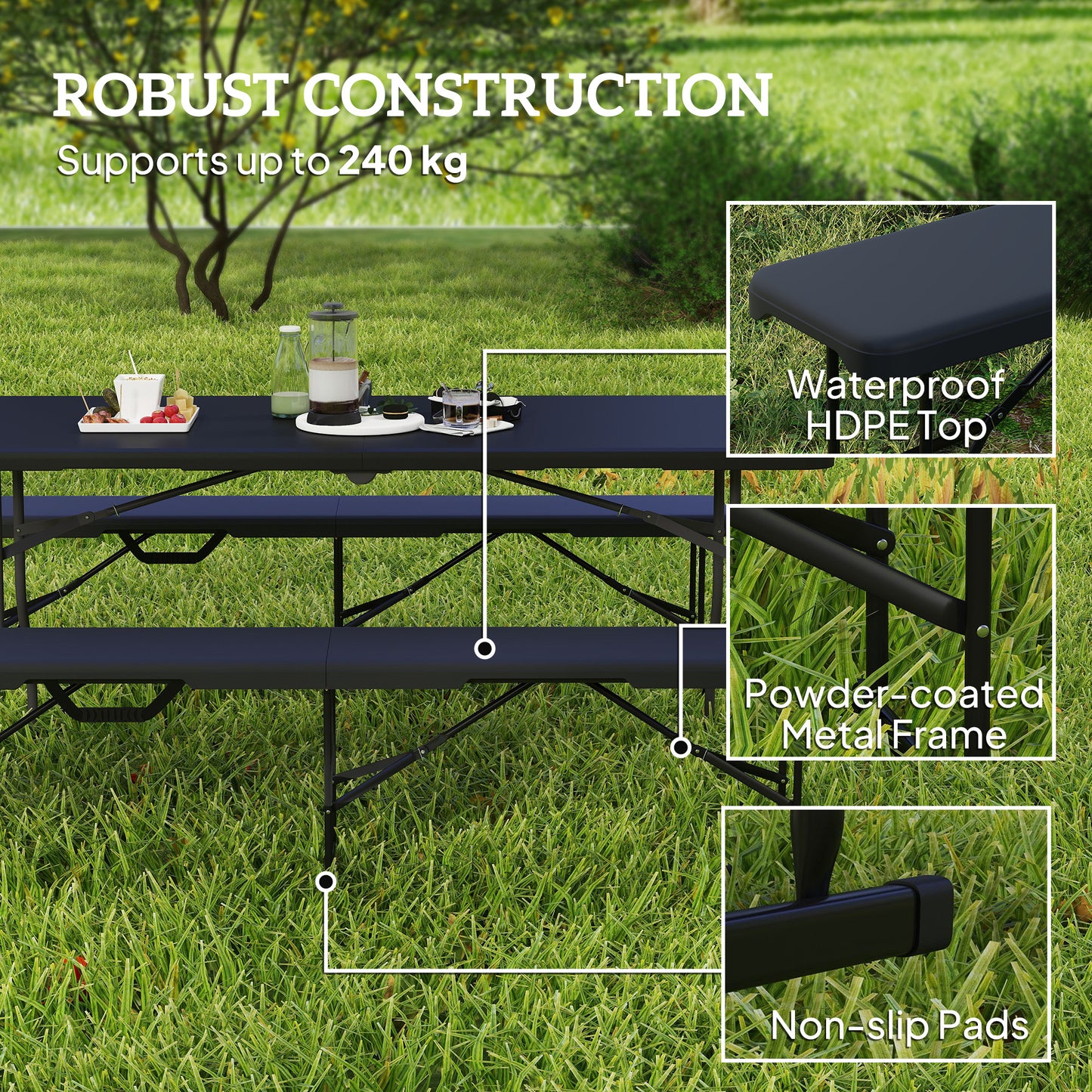 2 Pack 6 Ft Portable Folding Benches with Carry Handle - Black