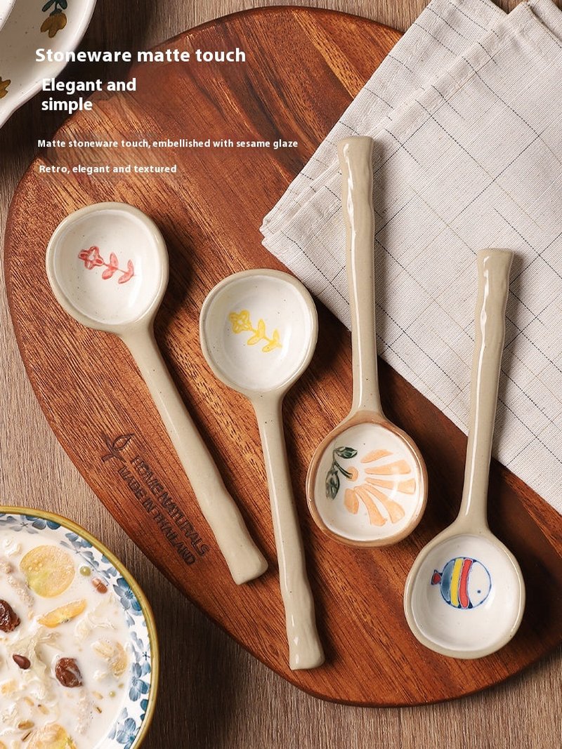 Ceramic Small Fish & Flower Soup Spoons Set - Kitchen Utensils for Dining