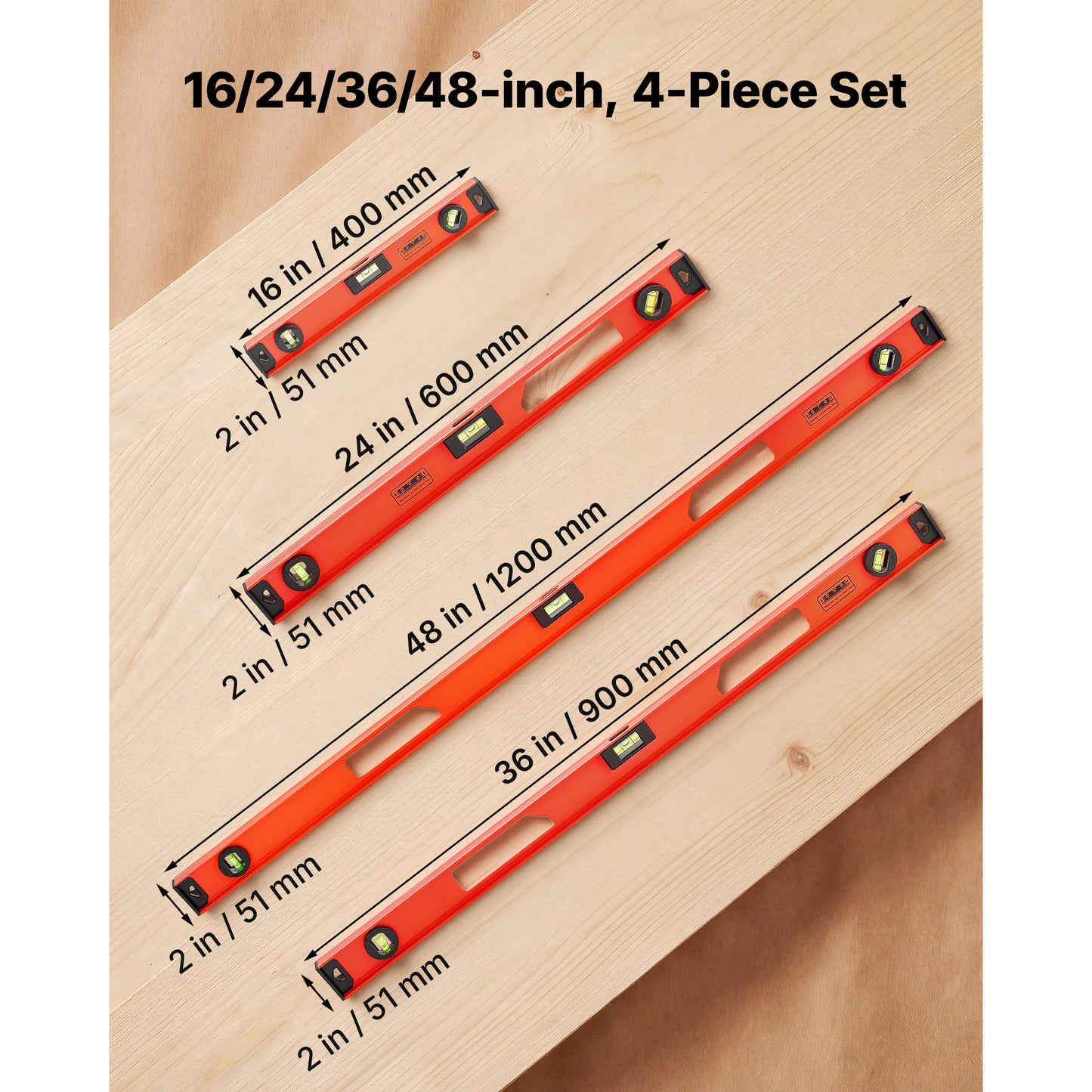 4-Piece Magnetic Bubble Level Set - Aluminum Alloy I-Beam Level for Home & DIY
