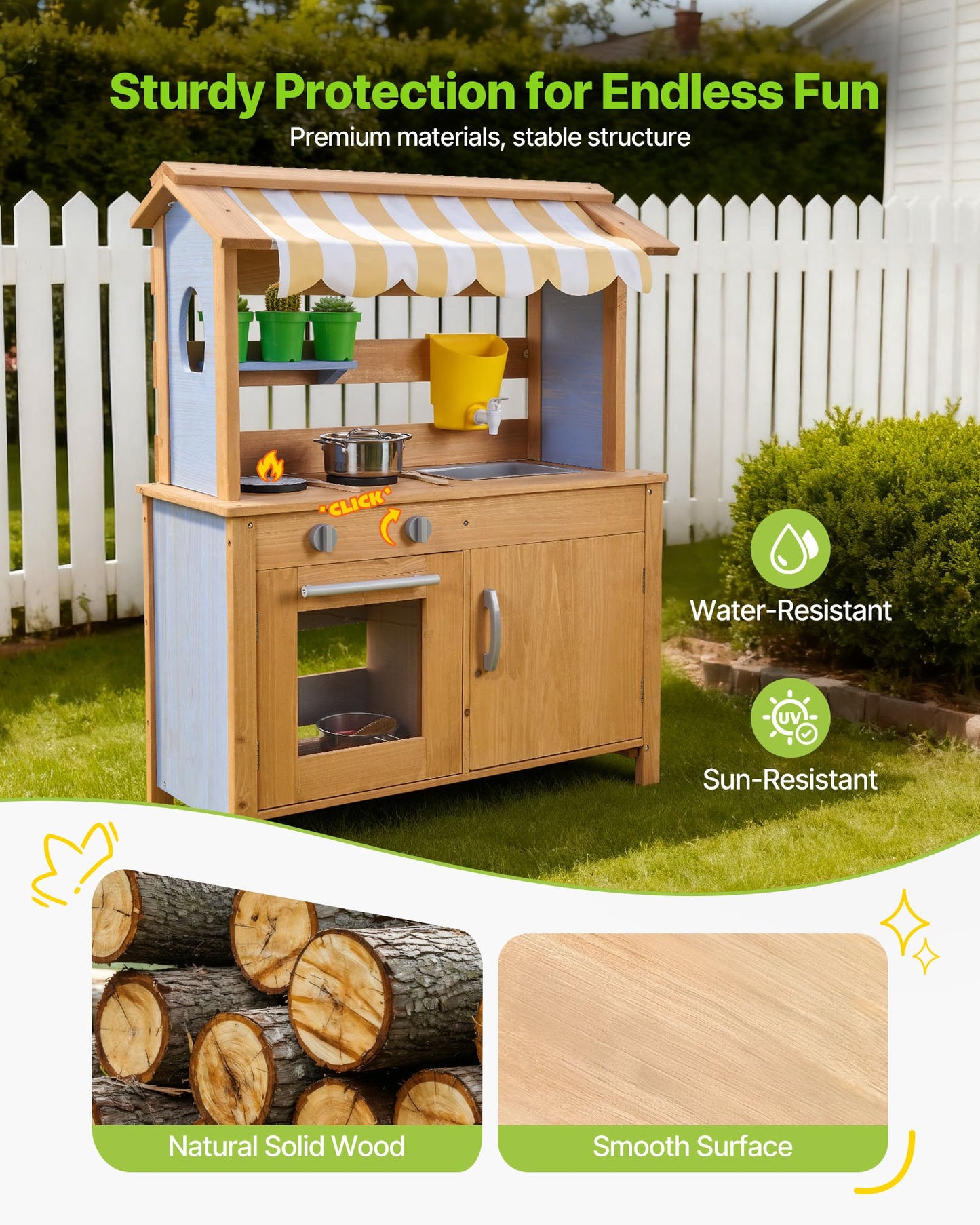 Outdoor Kids Mud Kitchen with Sunshade, Wooden Play Set with Spoons & Accessories