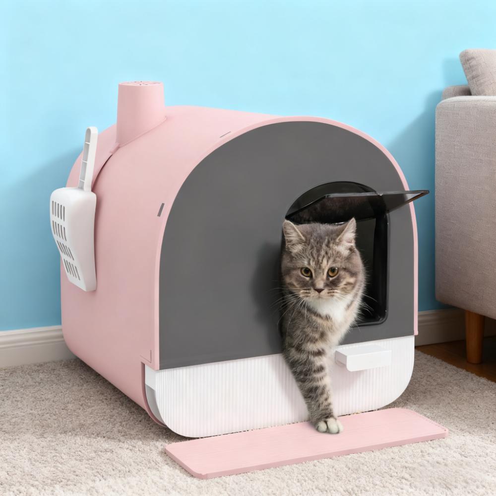 Pink Cat Litter Box with Lid, Scoop & Filter - Small Pet House & Cage