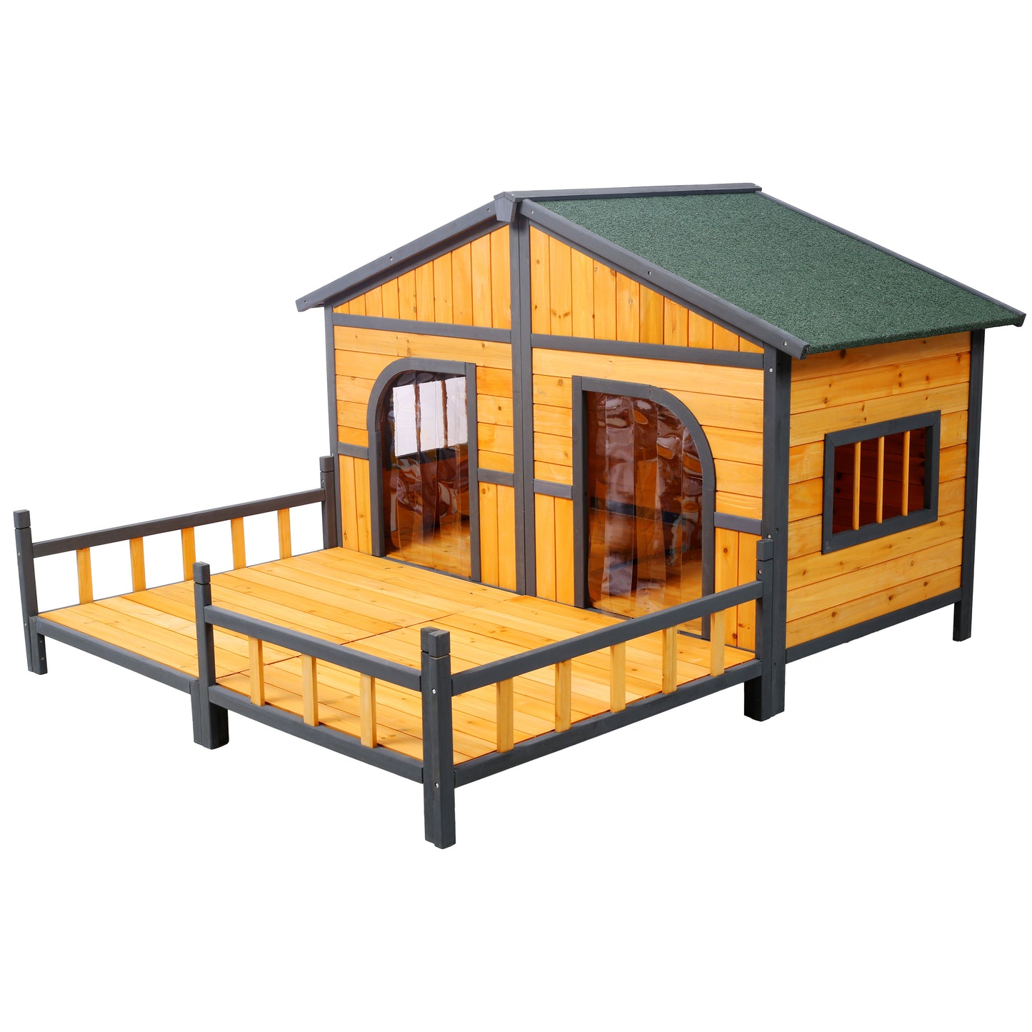 Large Wooden Dog House Outdoor Double Kennel with Porch & Elevated Floor