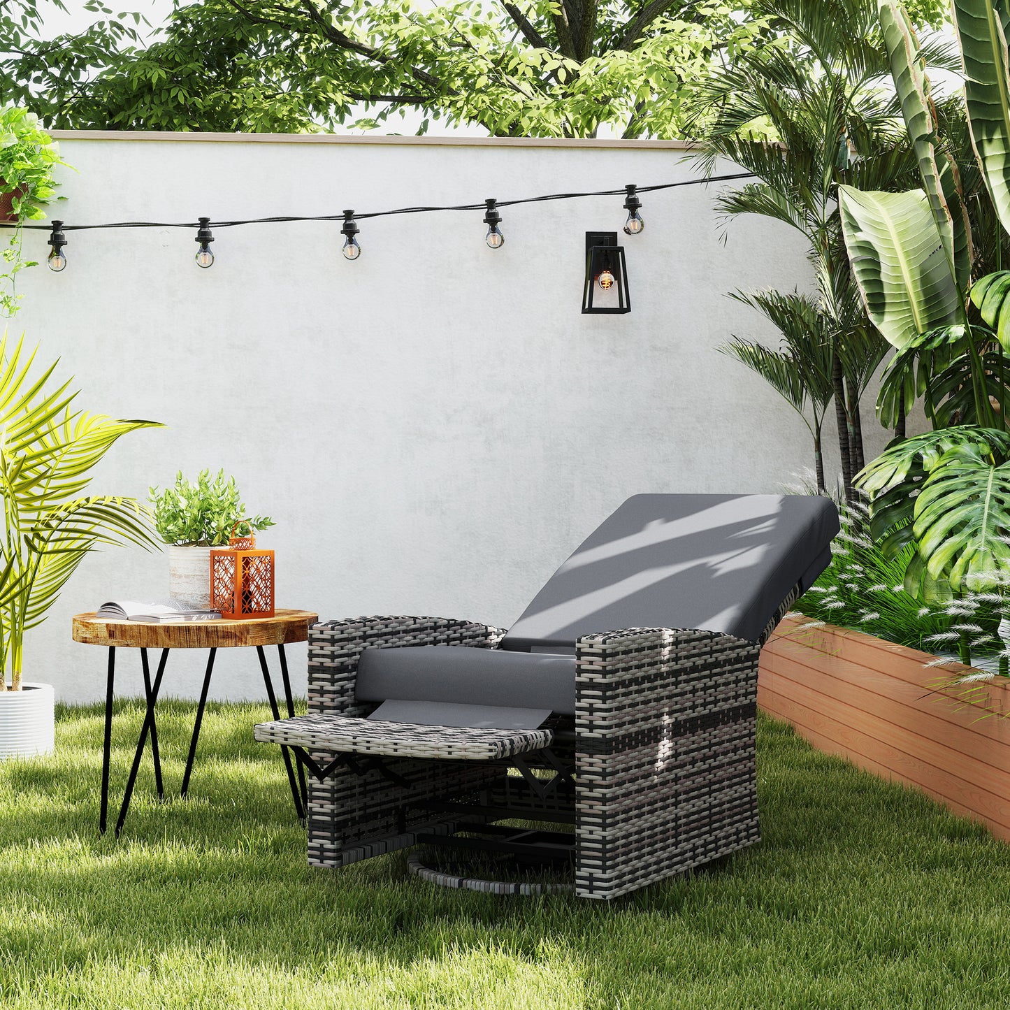 Outdoor Wicker Swivel Recliner Chair with Lifting Footrest - Gray