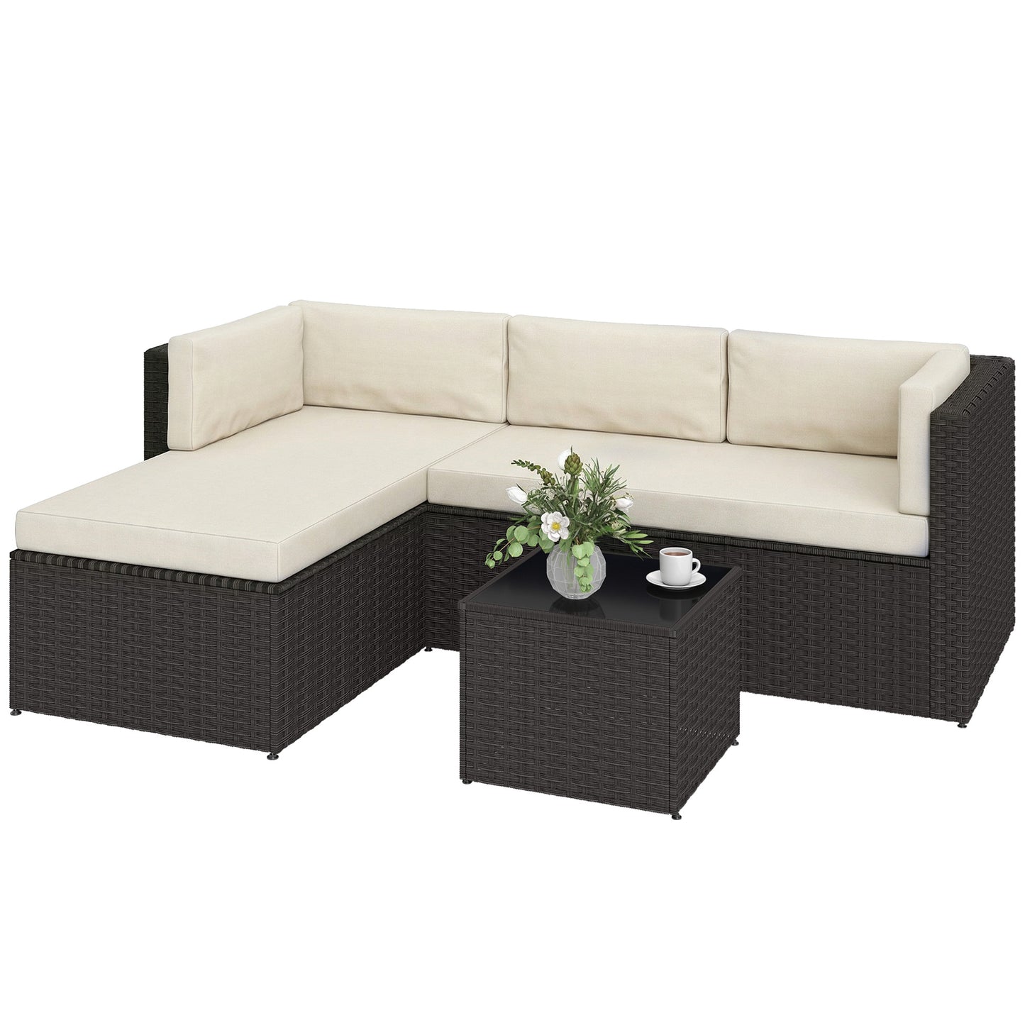 3-Piece Wicker Patio Furniture Set with Cushions & Glass Table - Beige