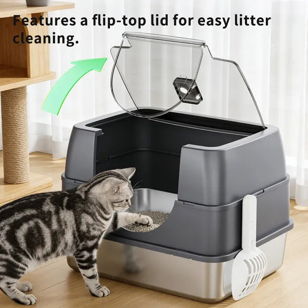 Stainless Steel Cat Litter Box with Flip-Top Cover & Odor Control