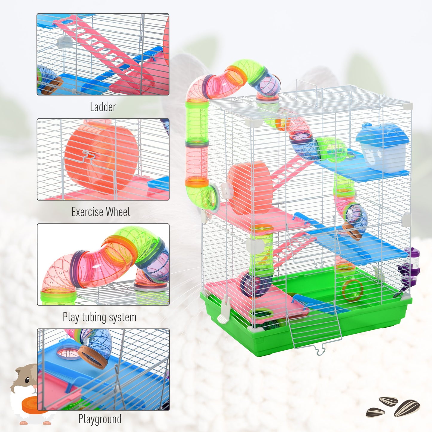 Portable Hamster Cage with 5 Tiers, Exercise Wheel & Tubes - Green