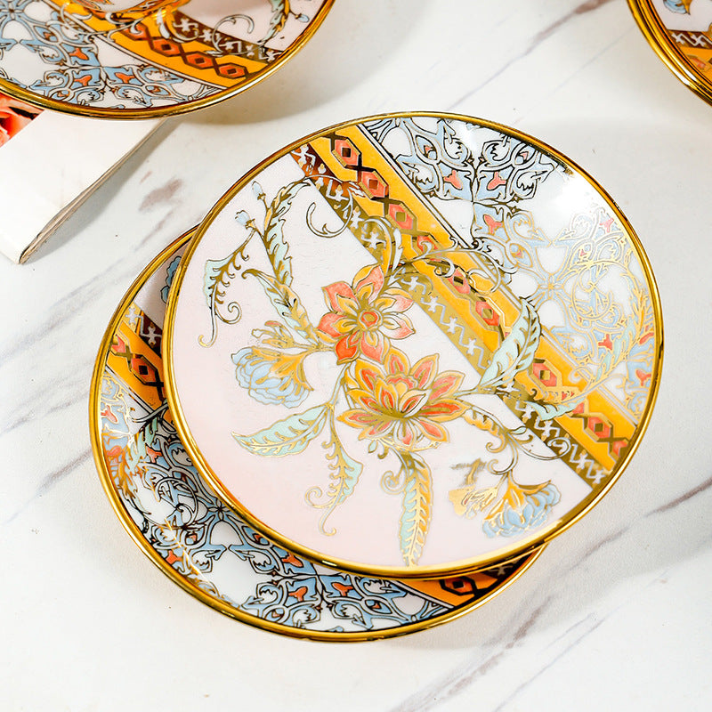 Gold-Rimmed Ceramic Coffee Cup Set with Saucers - 6 Pcs Home Drinkware