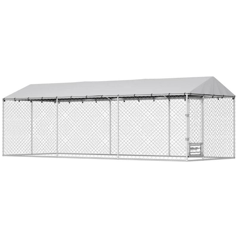 Outdoor Dog Kennel with Lockable Door UV-Resistant Cover 20x7.5x6.5ft, Silver