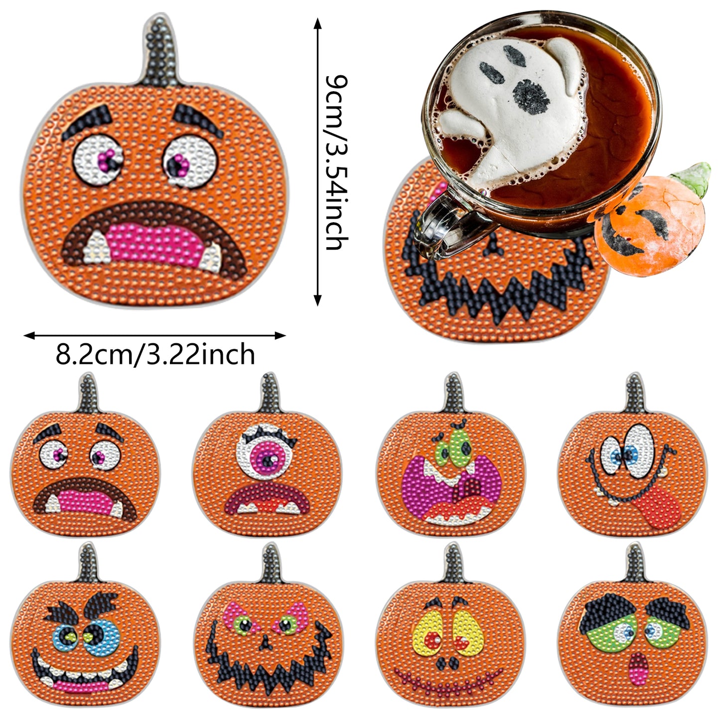 Halloween Pumpkin Rhinestone Coasters - 8 Pack