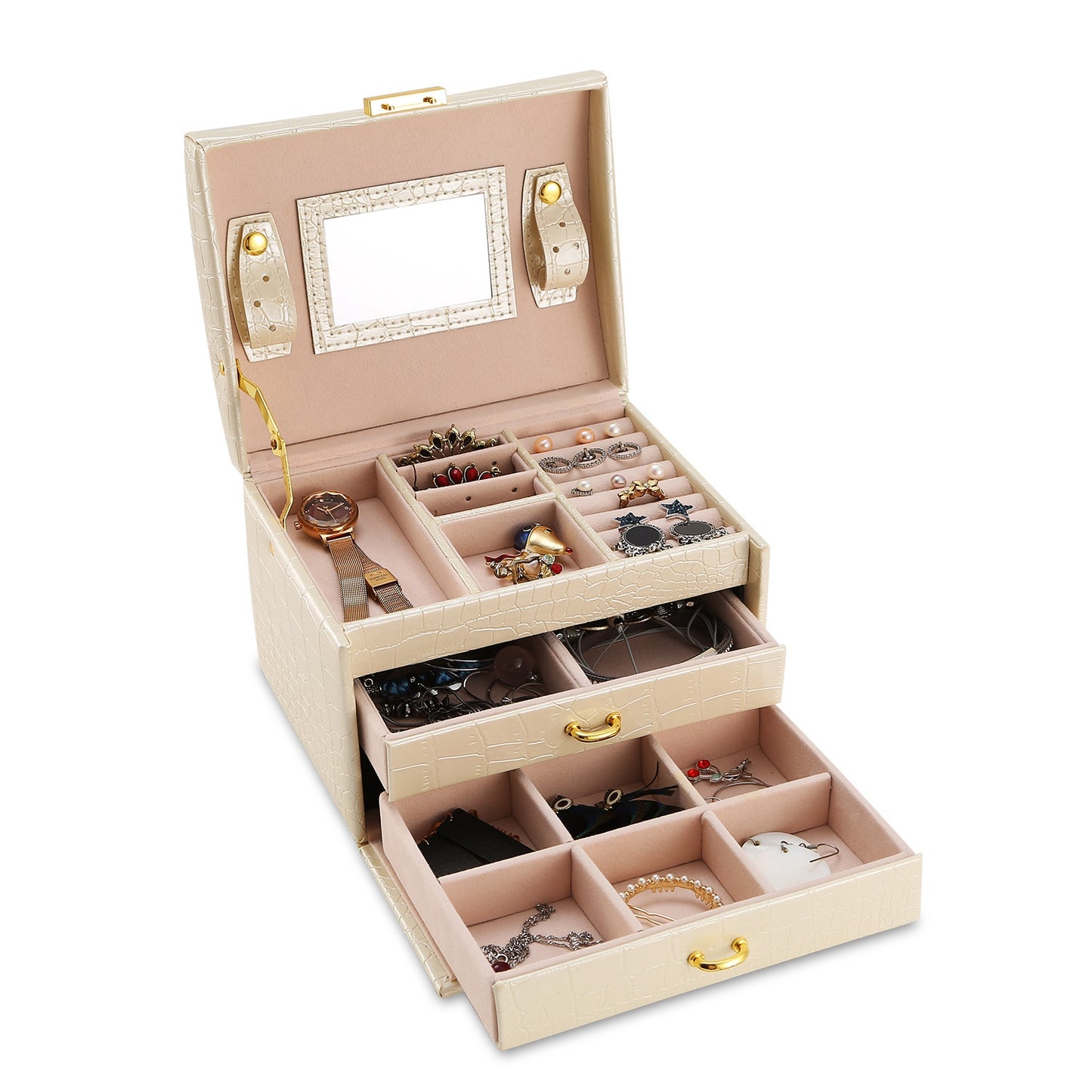 1Pc Jewelry Case Organizer 3-layer Lockable Travel Box PU Leather