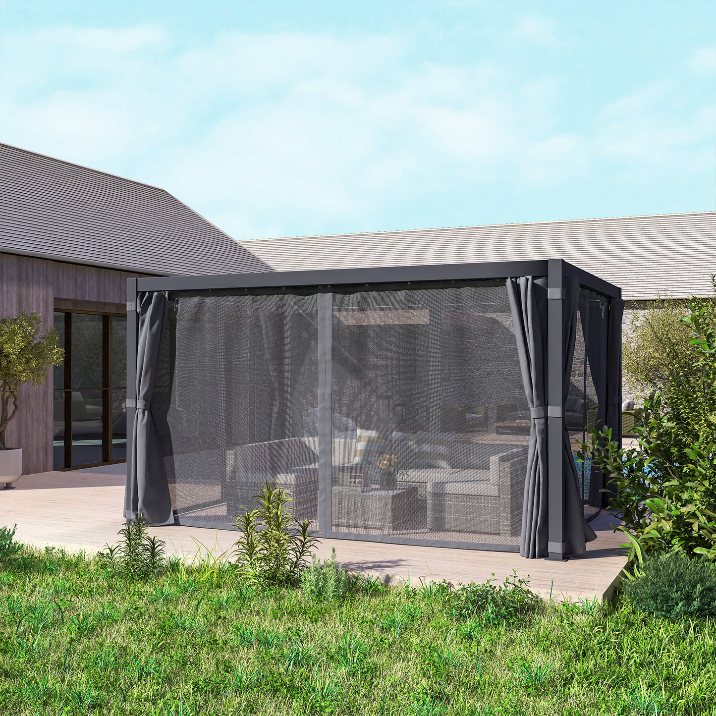 Outdoor Retractable Pergola with Louvered Roof and Curtains - Dark Gray