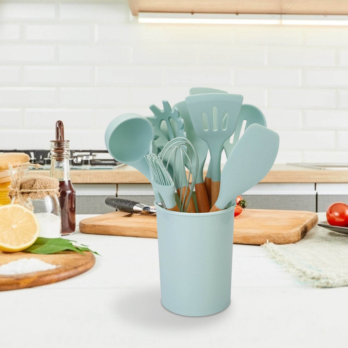 11-Piece Silicone Cooking Utensil Set with Wooden Handles