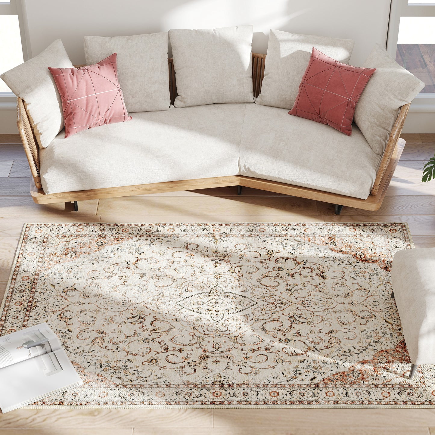 4x6 Non-Slip Machine Washable Area Rug - Floral Print, Mixed Brown