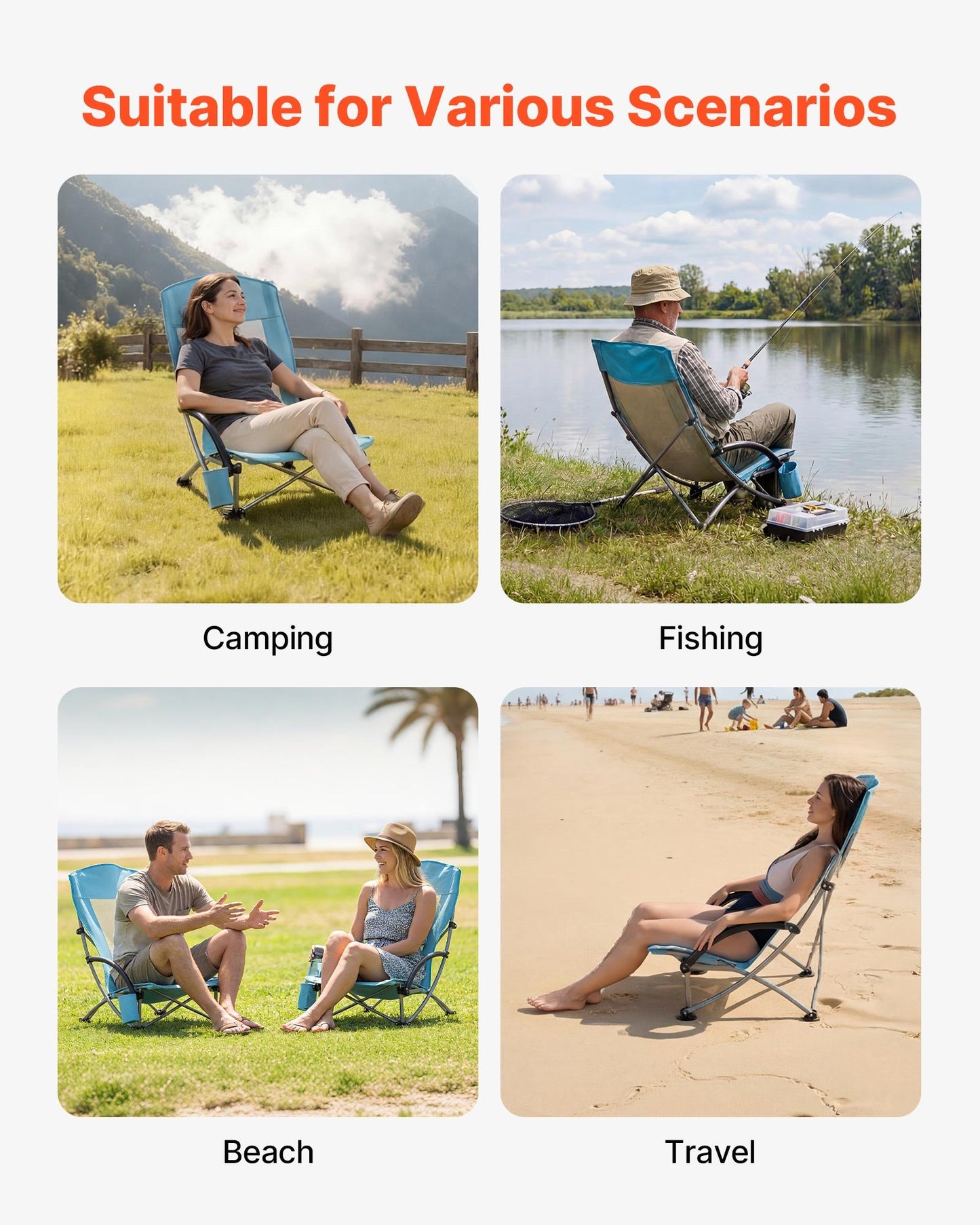 Heavy Duty Folding Beach Chair with High Back, Cup Holder, Mesh Support, Portable Blue