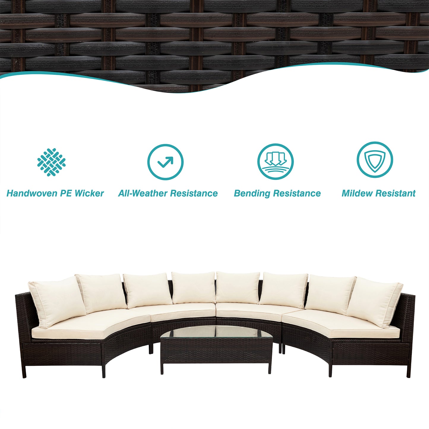 5-Piece Beige Rattan Wicker Patio Sofa Set with Glass Table