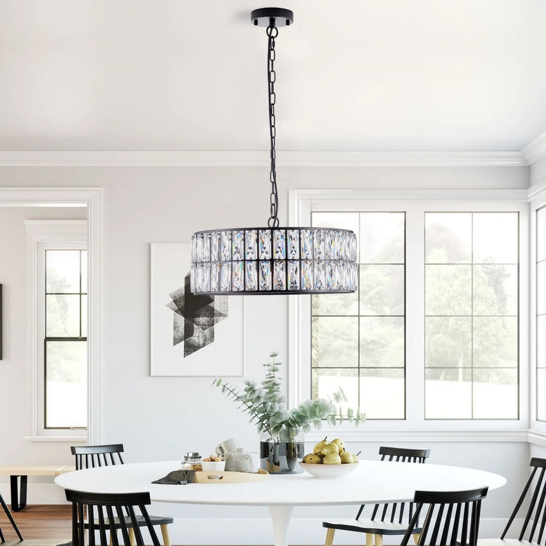Black Crystal Drum Chandelier - 6-Light Pendant Fixture