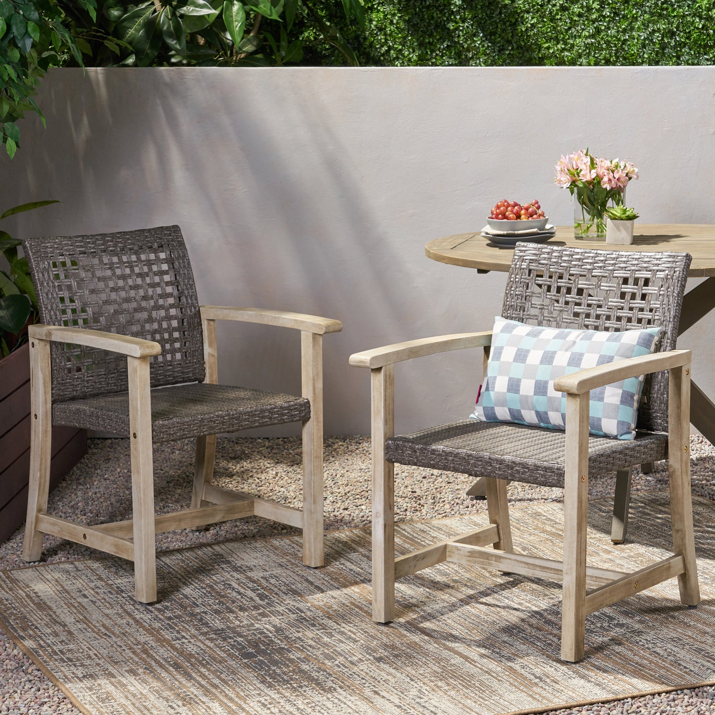 Hampton Wood and Wicker Dining Chair Set of 2 - Black Grey