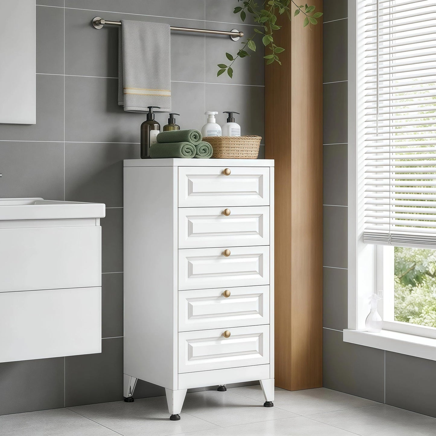 Metal Bathroom Storage Cabinet with 5 Drawers - White