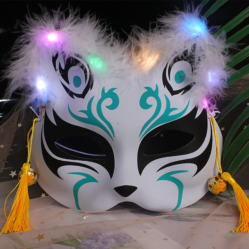 Halloween Party Luminous Feather Fox Mask Two-Faced Cat Face Mask