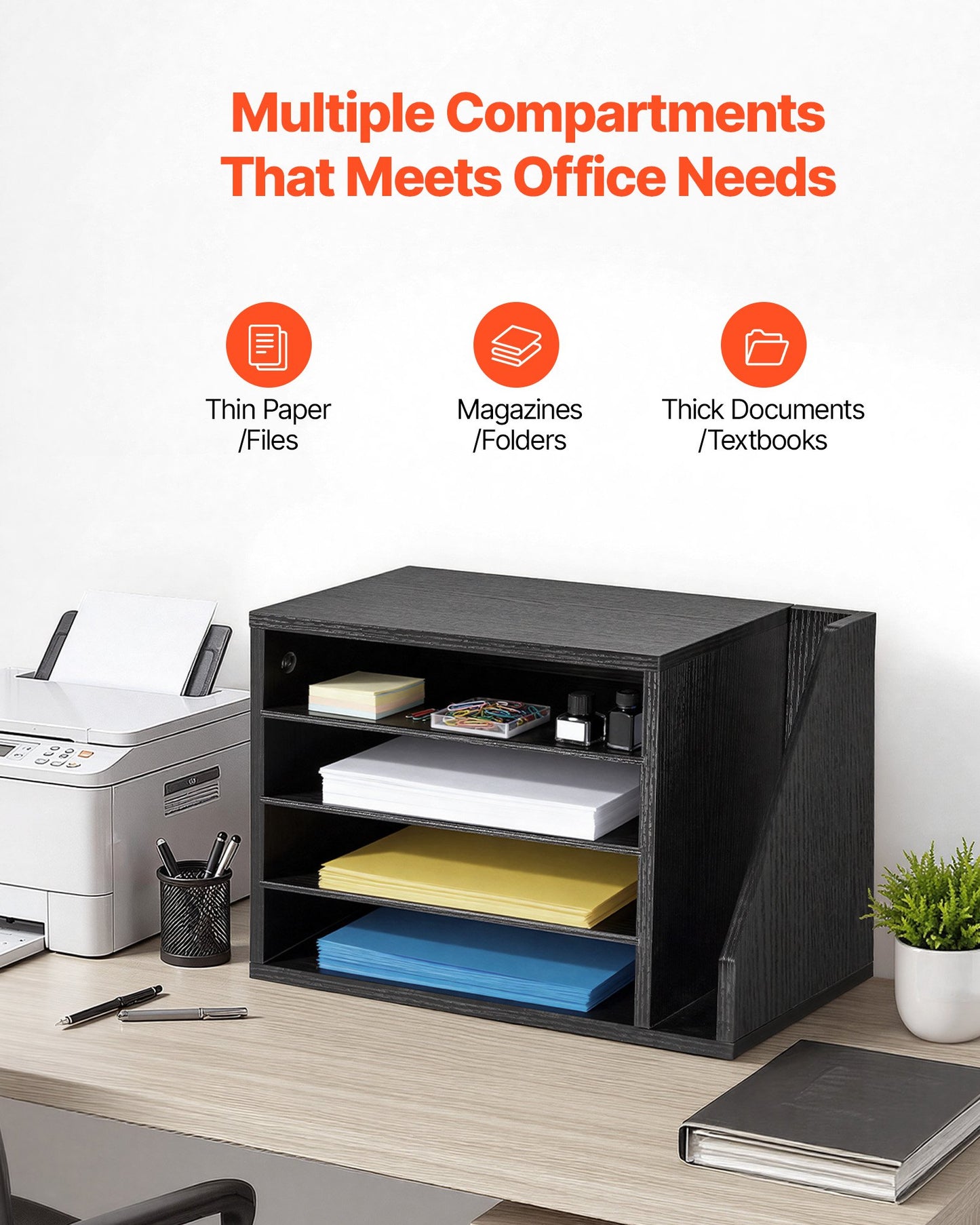 Wooden Literature Organizer with 4 Compartments and Side Storage - Office Desk Mail Sorter, Black
