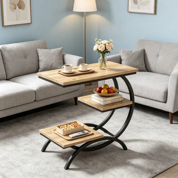 Chic C-Shape End Table with 3-Tier Storage - Rustic Brown