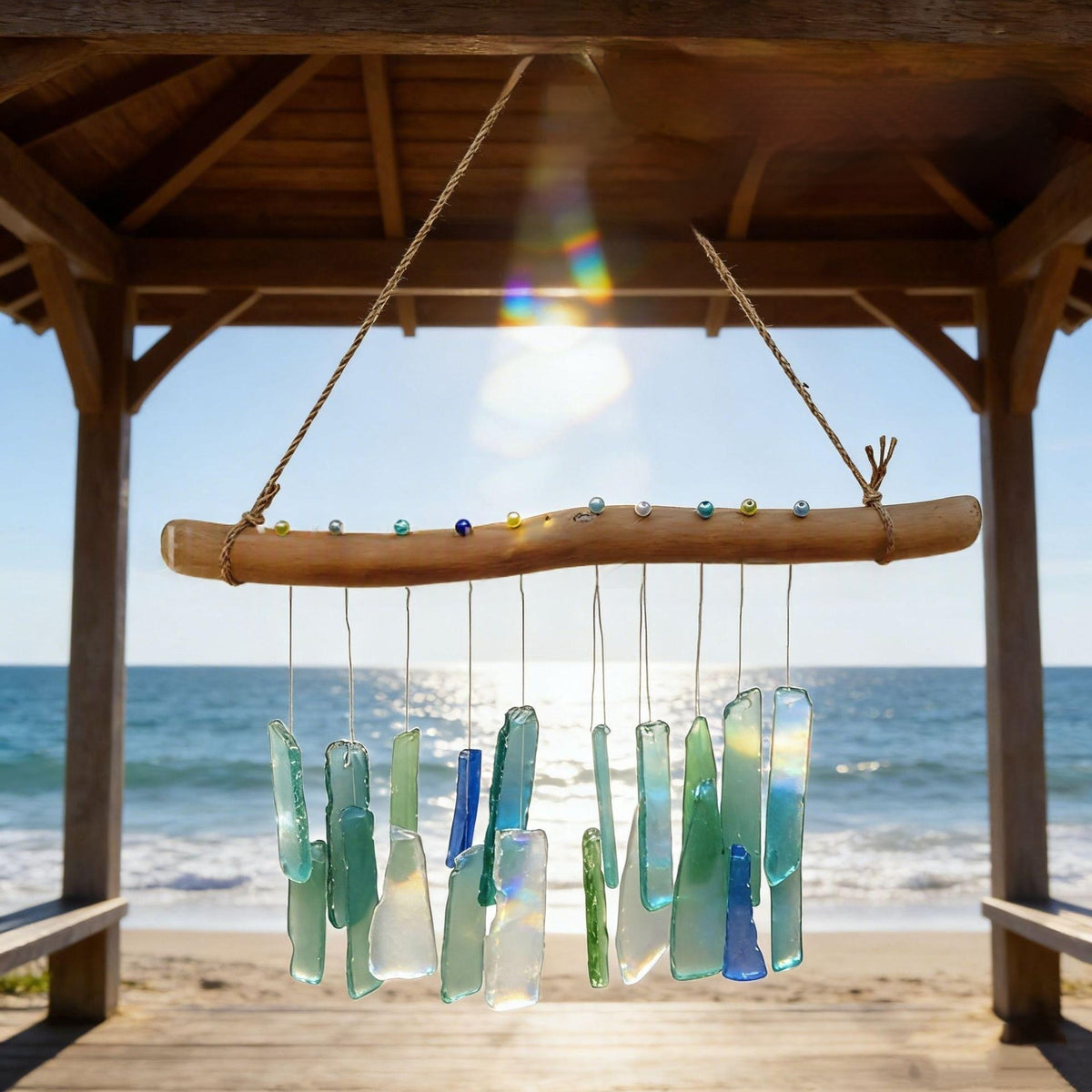 Handmade Sea Glass and Driftwood Wind Chime for Garden Decor