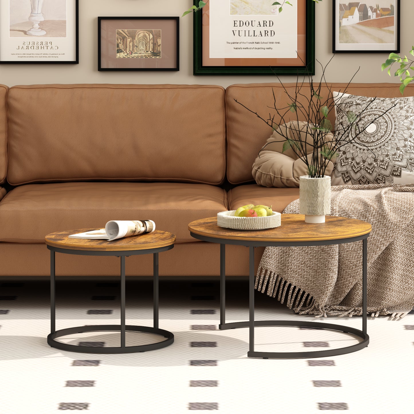 Nesting Coffee Table Set of 2 - Round Wood & Metal, Rustic Brown