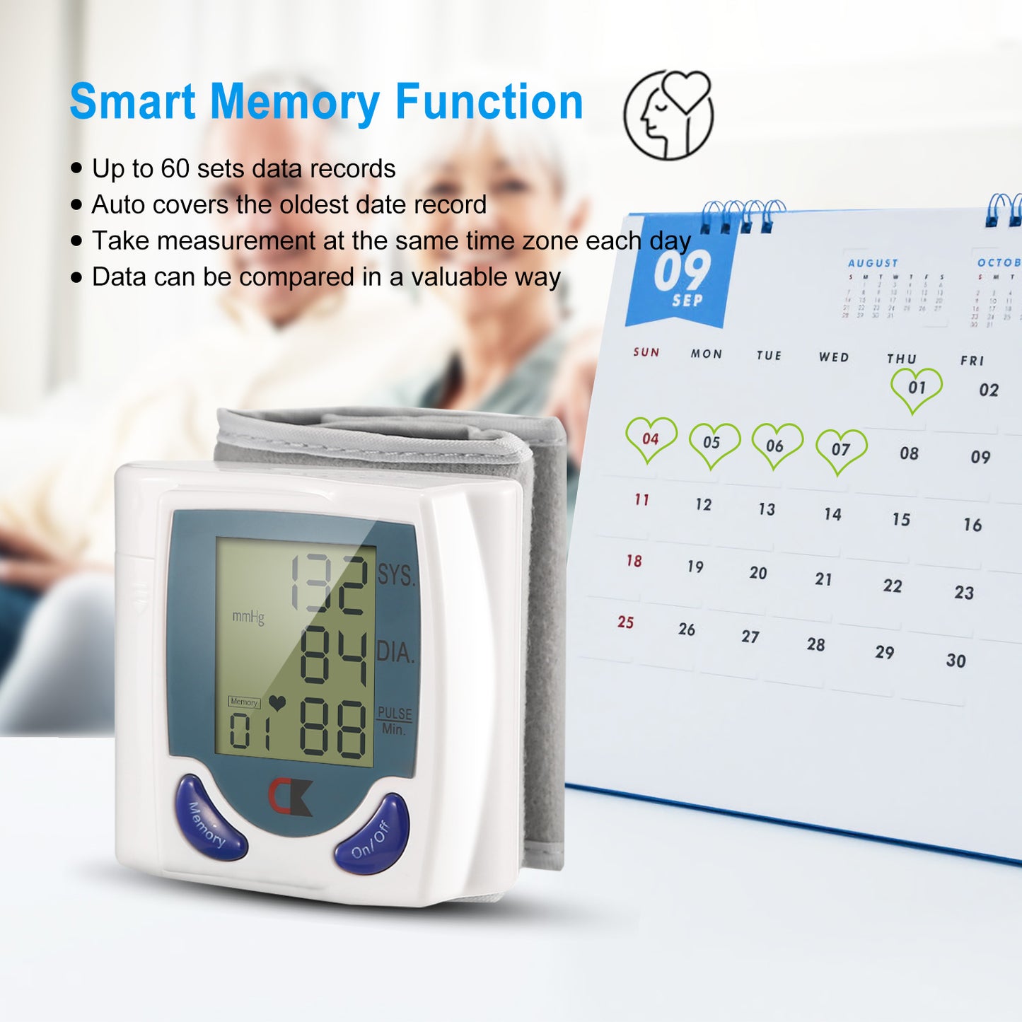Digital Wrist Blood Pressure Monitor with Large LCD Screen and 60 Memory Slots - White