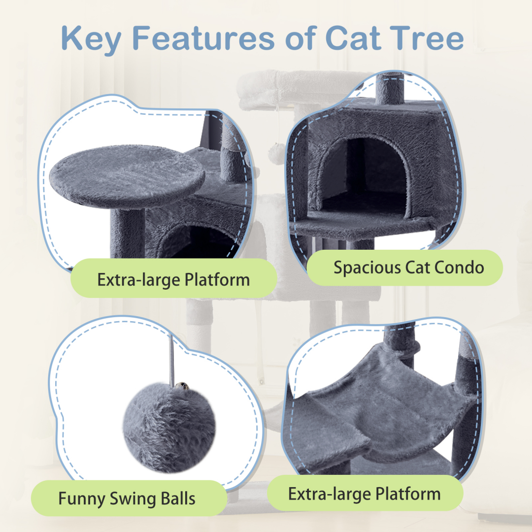 44-Inch Multi-Level Cat Tree Tower with Scratching Posts, Platforms & Hammock