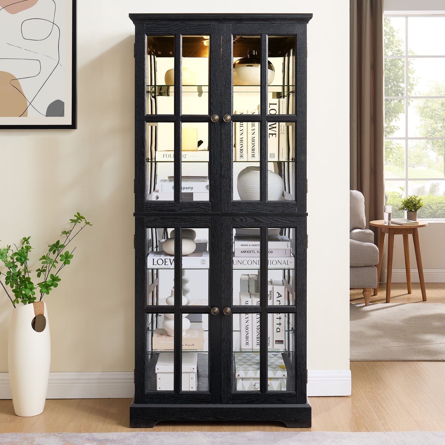 Antique Curio Display Cabinet with Glass Doors and Adjustable Shelves - Black