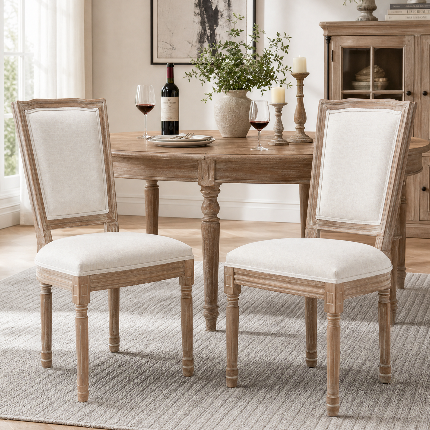 Farmhouse Dining Chairs - Solid Wood Frame with Cushioned Seat, Set of 2, Beige