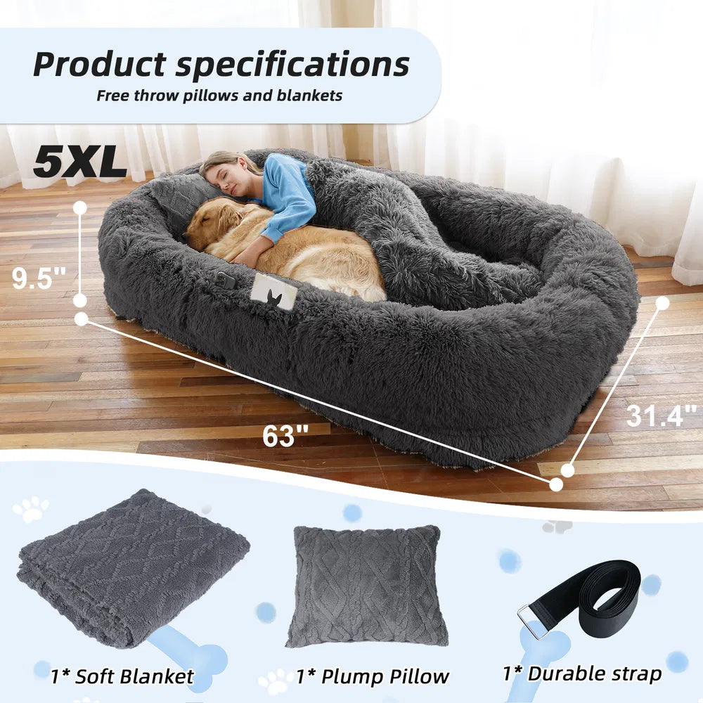 Large Human Dog Bed with Faux Fur Cover, Orthopedic Napping Pillow & Blanket