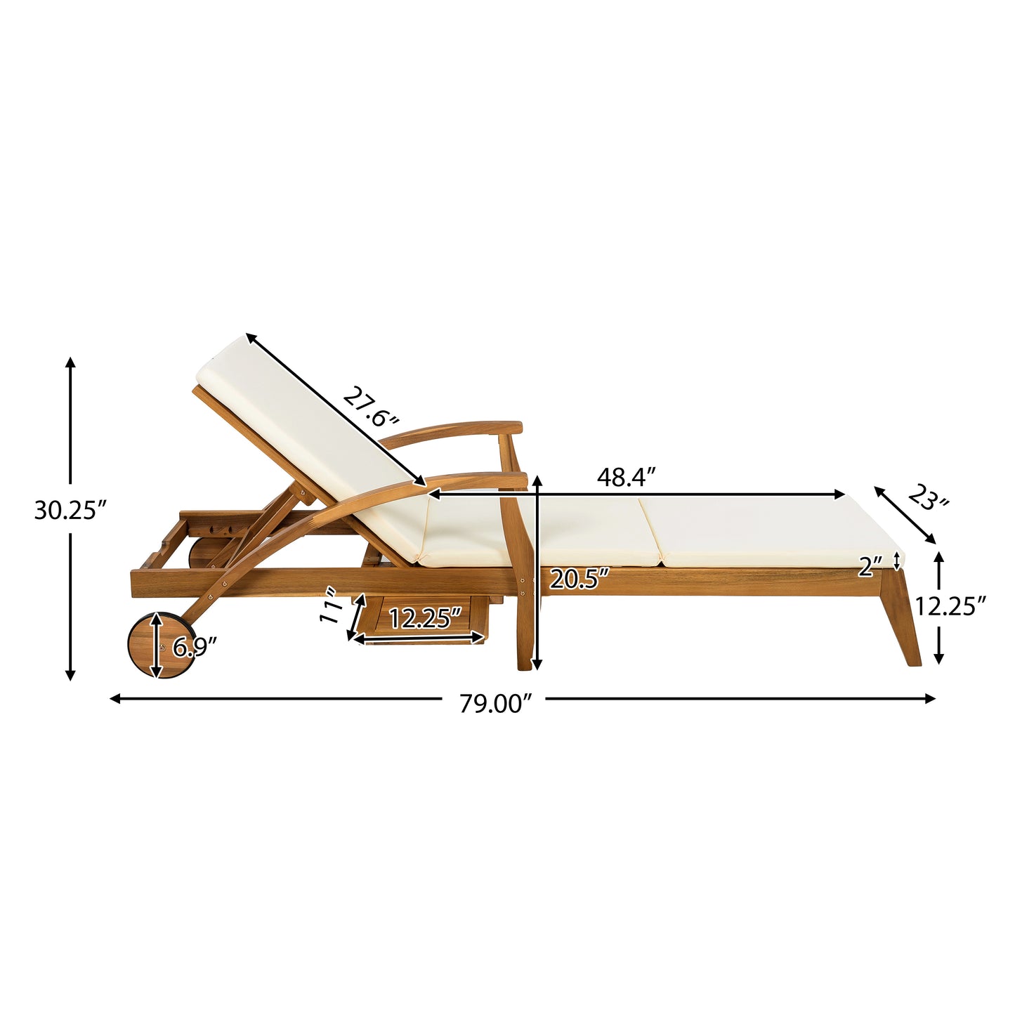 CHAISE LOUNGE WITH WHEEL - ACACIA WOOD RECLINER FOR PATIO GARDEN,
