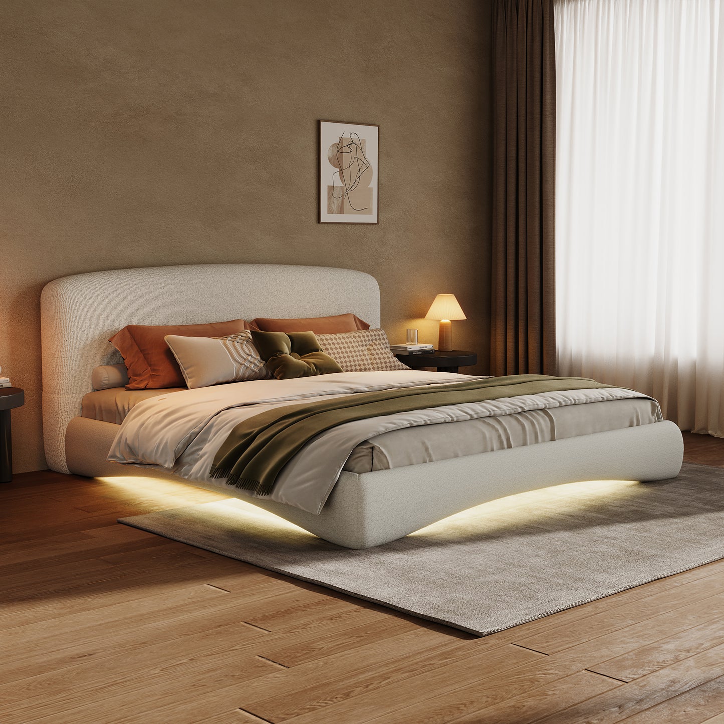 Curved Upholstered King Bed with Smart Ambient Lighting - Cream