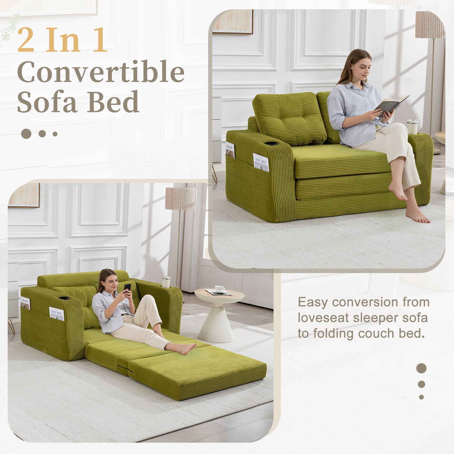 Convertible Sofa Bed - Expandable 2-in-1 Floor Couch with Pillows - Olive