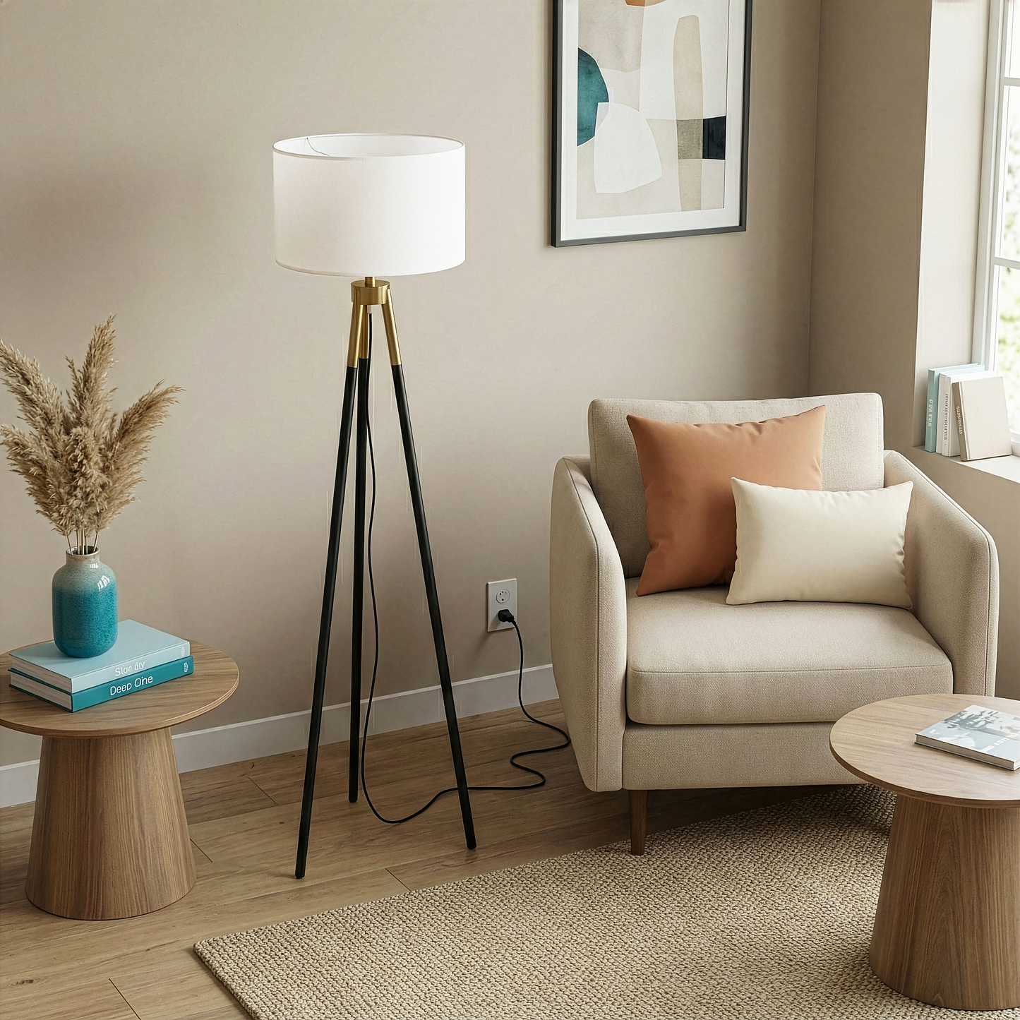 Sway Brassed Gold Floor Lamp With On Off Triple Legs White Fabric