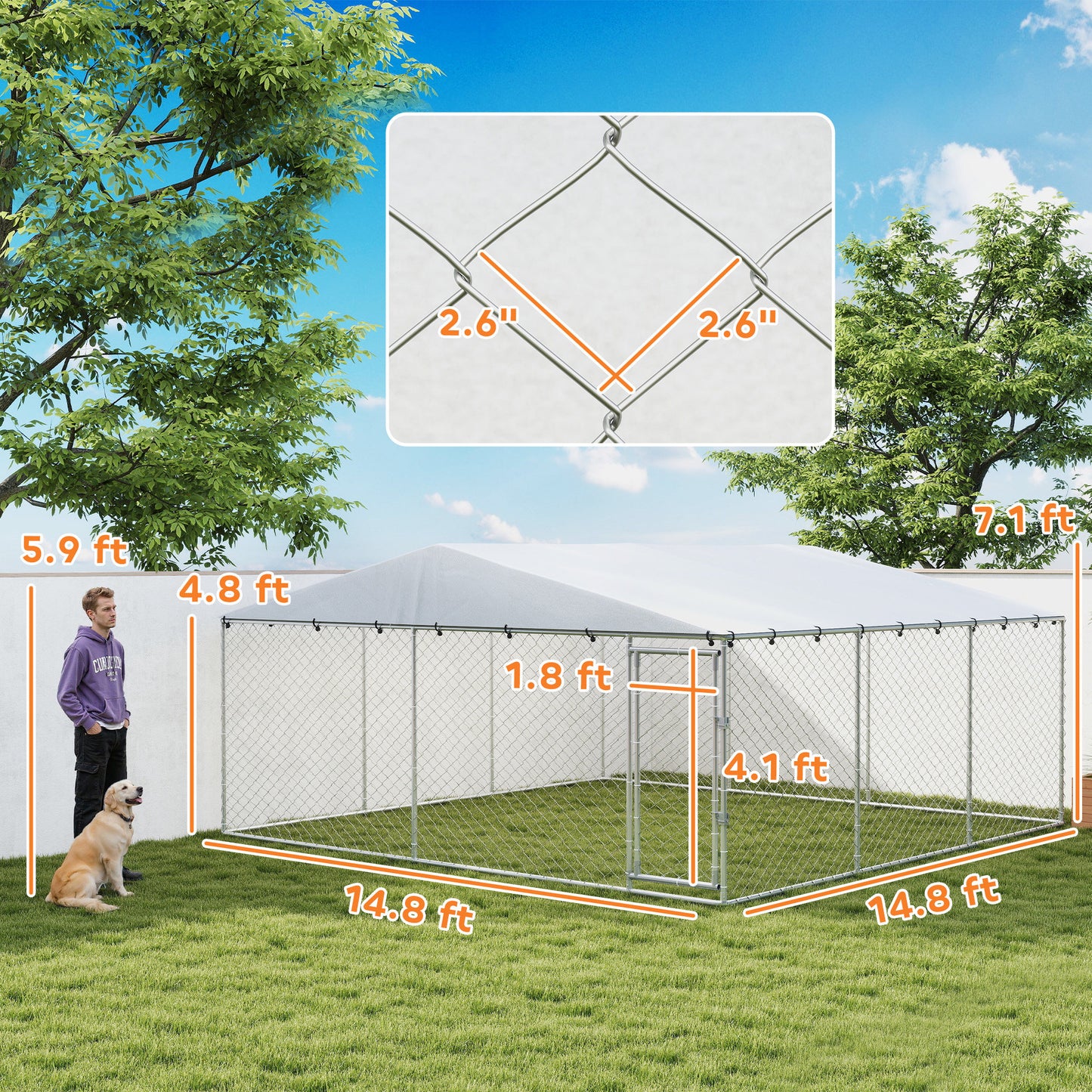 Outdoor Dog Kennel with Waterproof Roof for Small to Large Dogs - Silver 1850x330x180mm