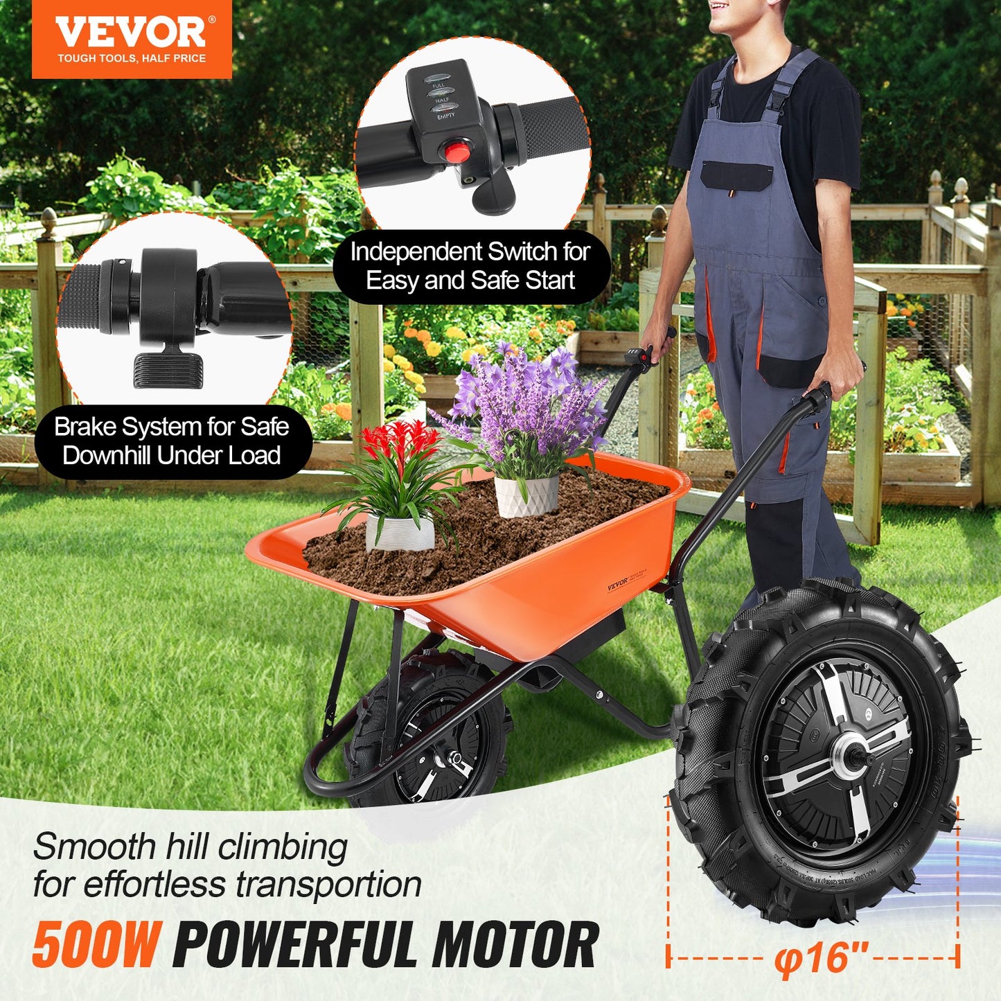 Electric Garden Wheelbarrow Cart 500W Power Dump Yard Cart 4 Cu Ft Load 330 Lb Capacity