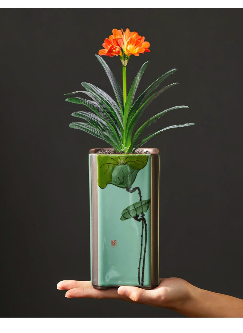 Indoor Decorative Ceramic Flower Pot with Support - Retro Square Design
