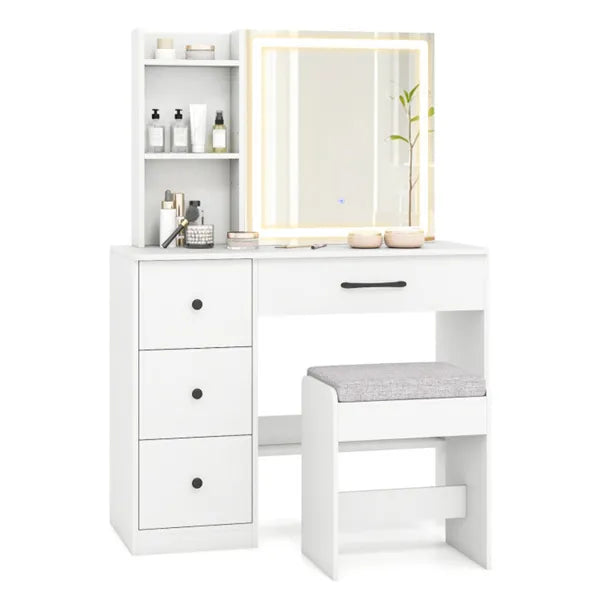 White Vanity Desk and Stool Set with LED Light Strip and Mirror