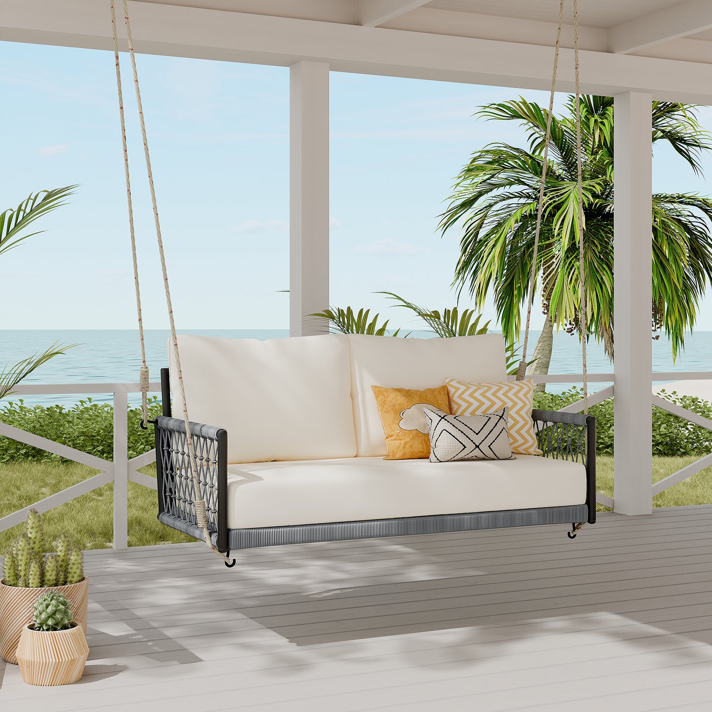 Outdoor Swing Sofa with Soft Cushions for 2 - Beige