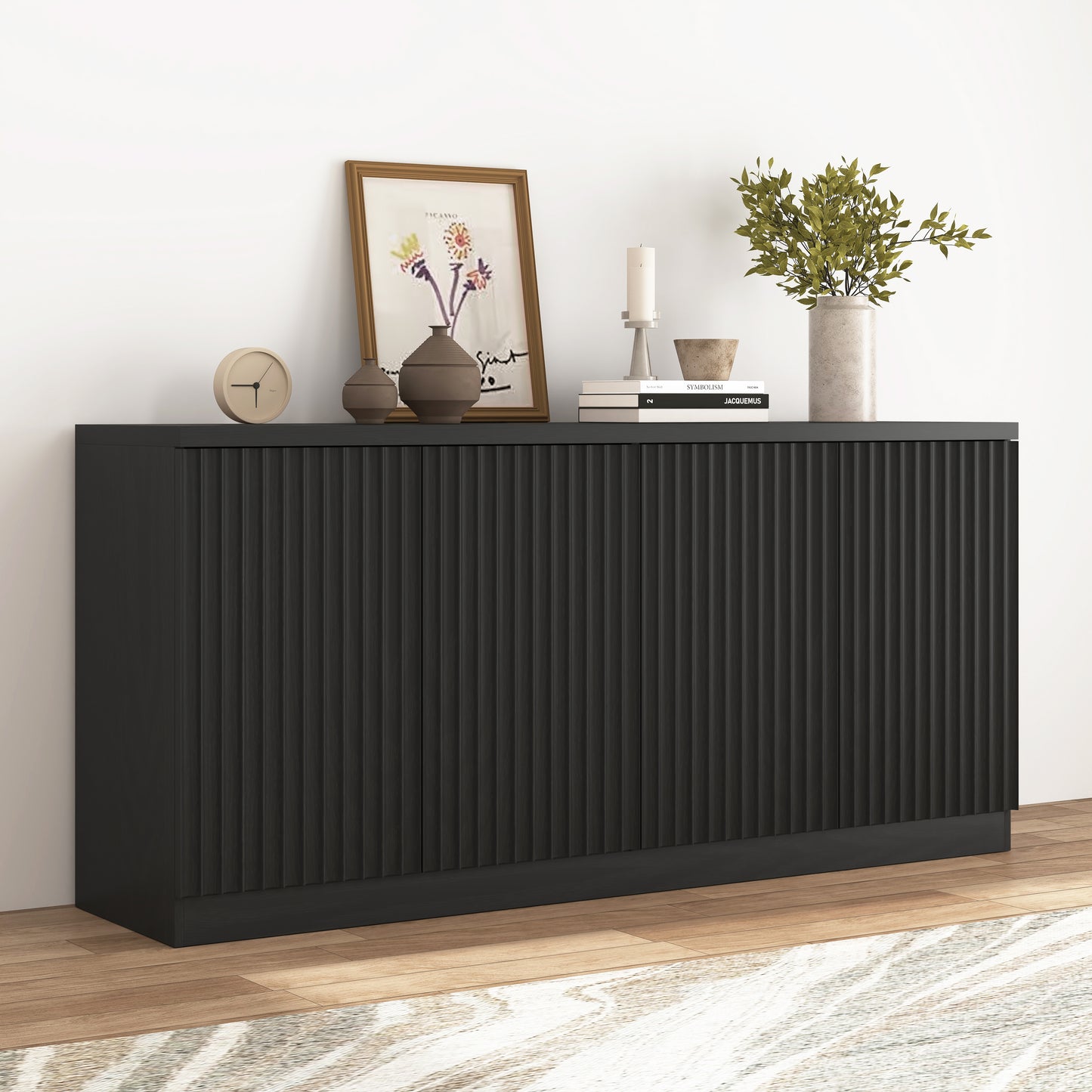 Black Buffet Cabinet with 4 Doors & Shelves - 62.6" Sideboard
