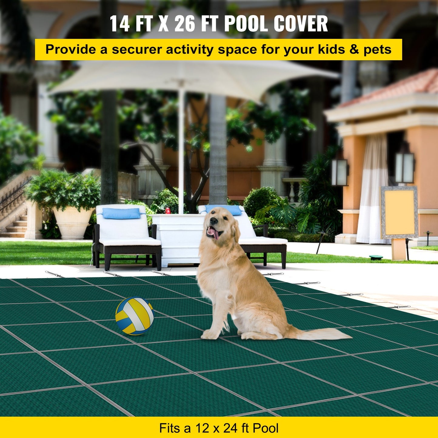 Inground Pool Safety Cover 14x26 ft Green Heavy-Duty Mesh Winter Pool Cover