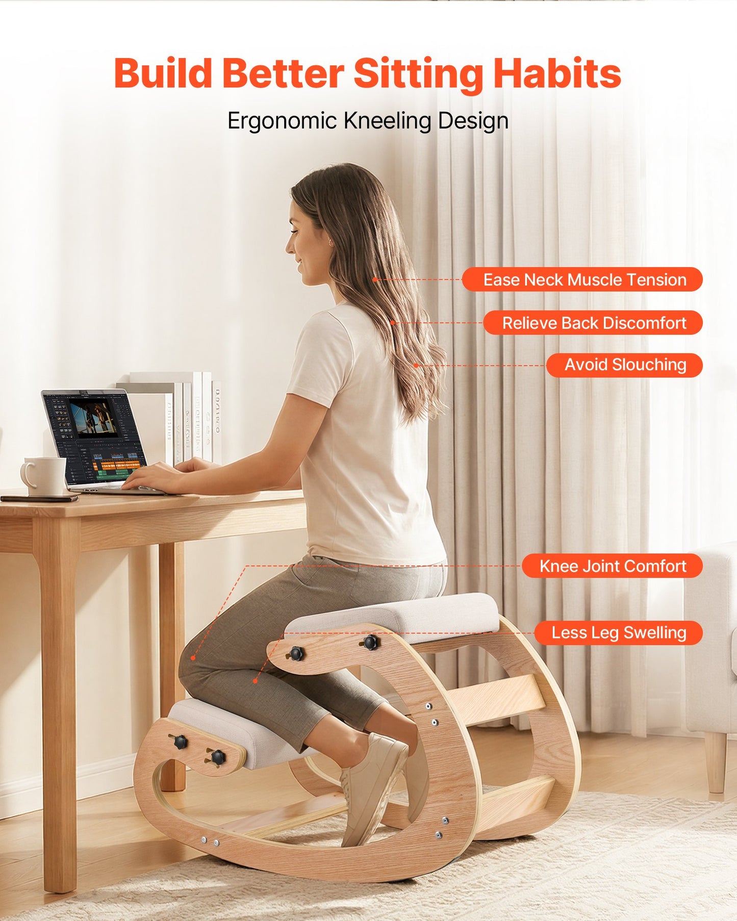 Ergonomic Kneeling Office Chair with Wooden Frame and Adjustable Cushions - Relief for Back and Neck Pain