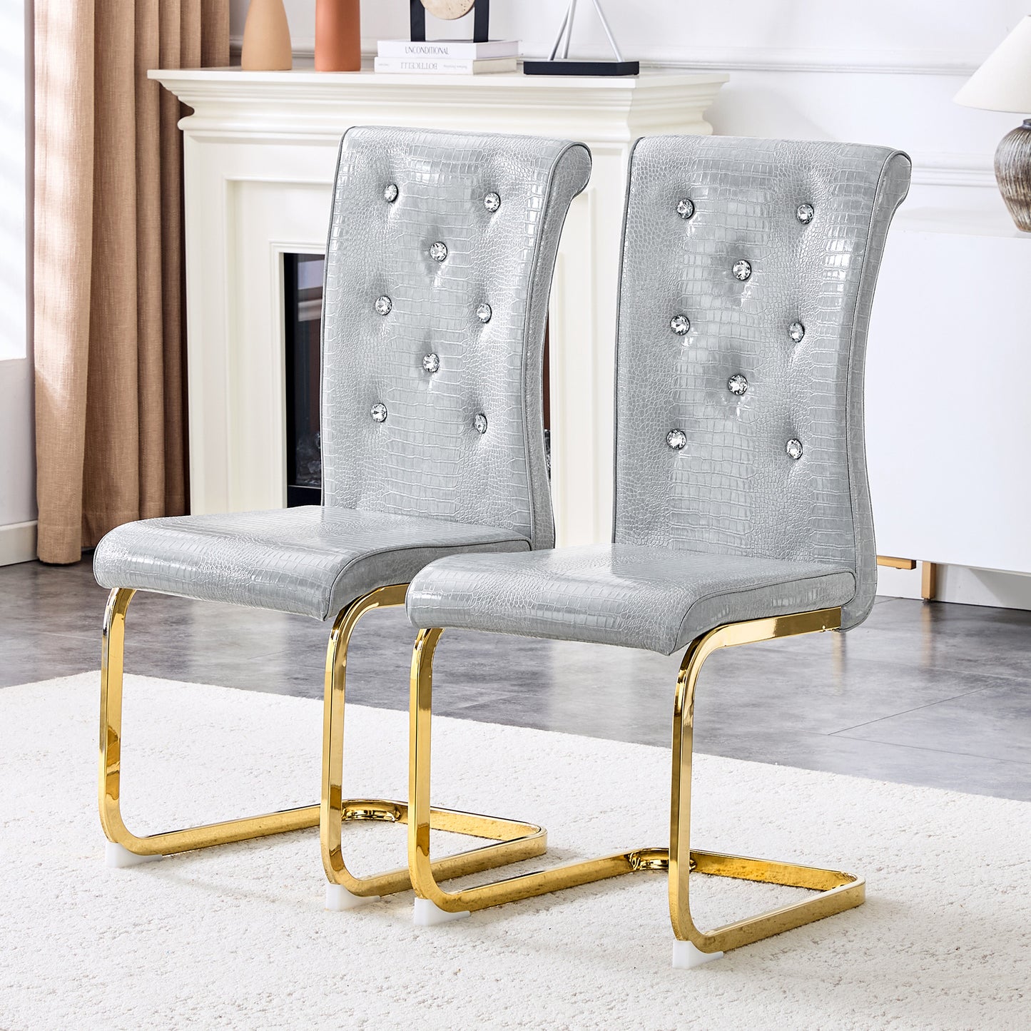 Set Of 2,Retro Alligator Skin Upholstered Dining Chairs,with Crystal