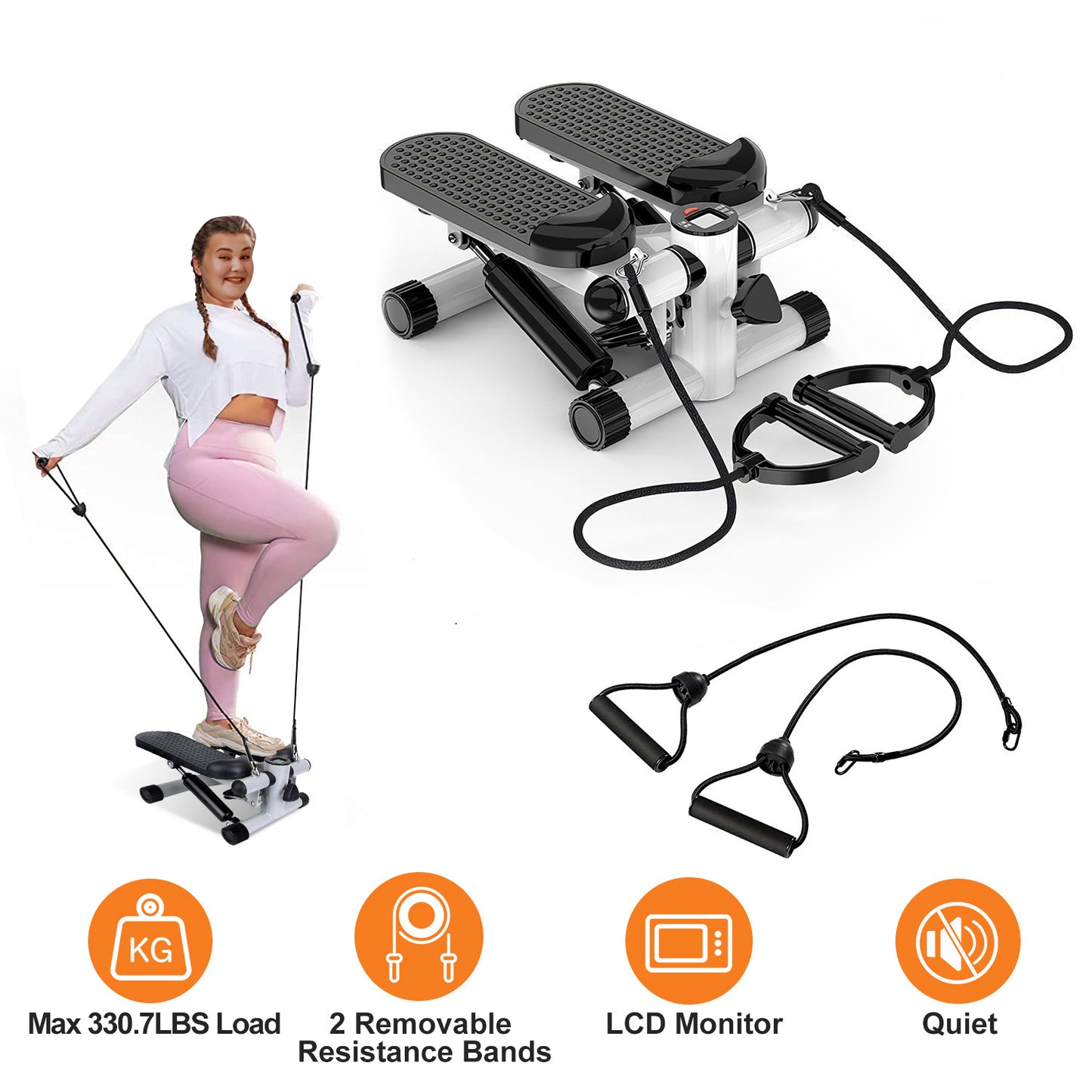 Mini Fitness Stepper with Resistance Bands & LCD Monitor - Grey