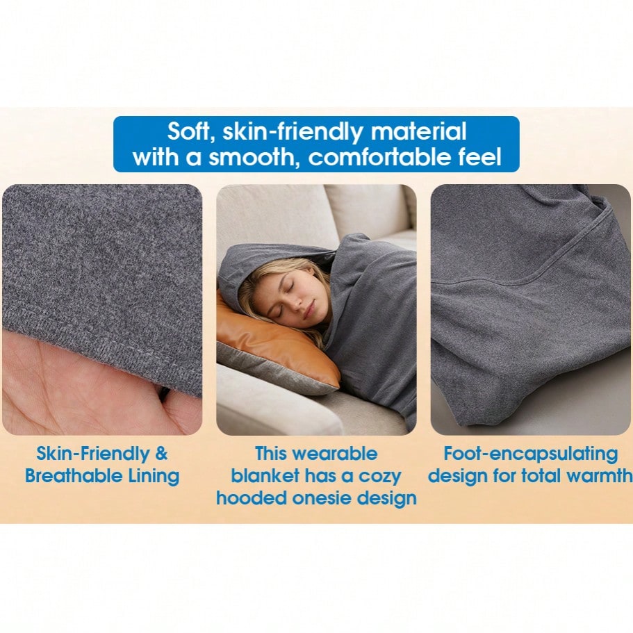 Wearable Hooded Sleep Pod Blanket - 2-in-1 Full Body Sleeping Bag - Grey XL