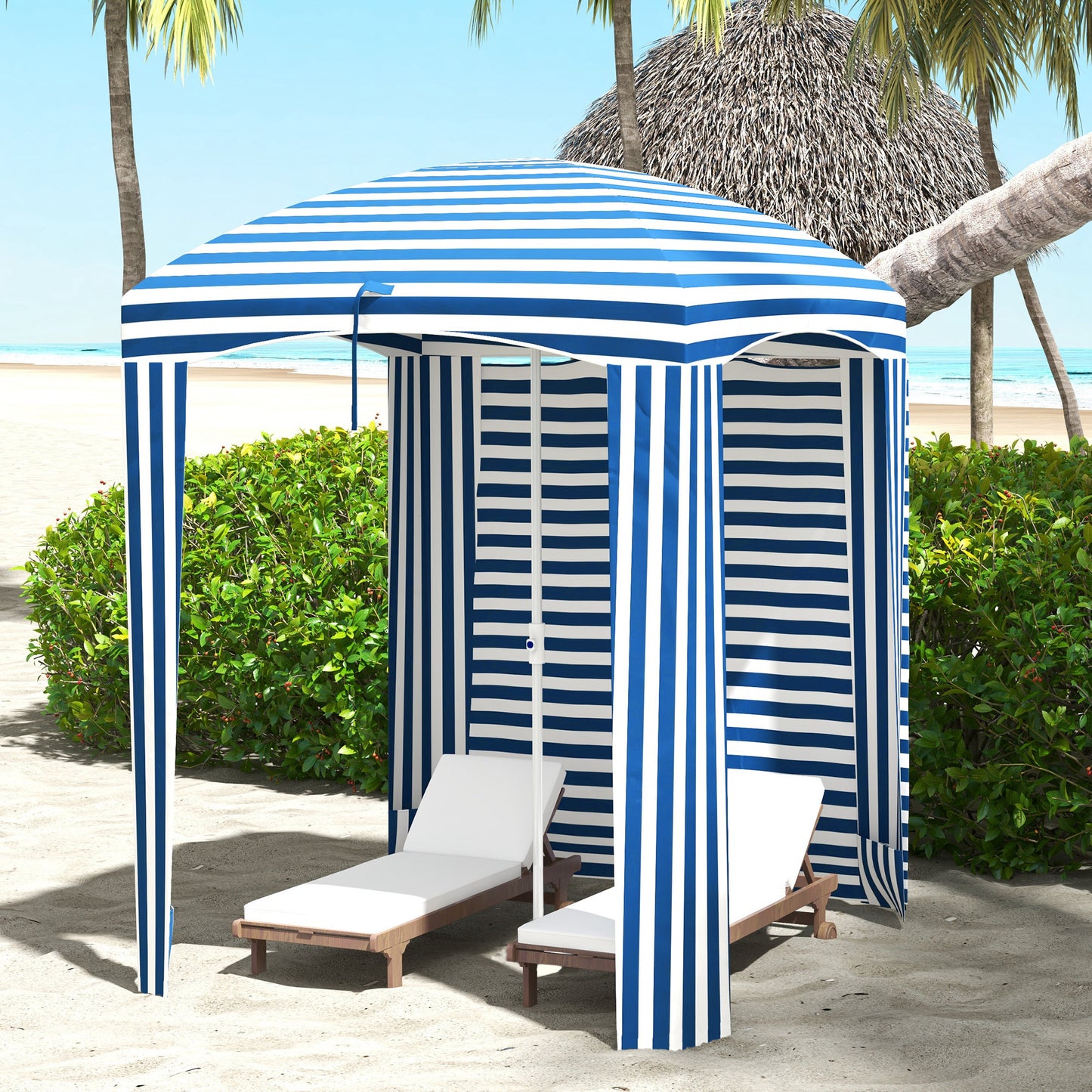 Beach Cabana Umbrella with Walls & Vents - Blue White Stripe